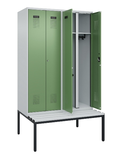 C+P Schwarz-Weiß-Spind Evolo PLUS 0490527-22 mit Bank 2 Abt.je 400mm Zylinder (HxBxT) 2120x800x815mm 9016/6019