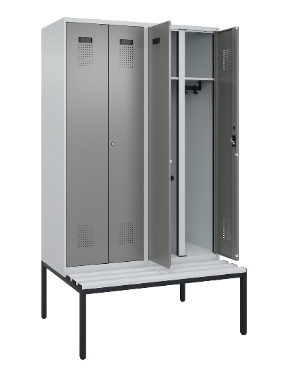 C+P Schwarz-Weiß-Spind Evolo PLUS 0490527-22 mit Bank 2 Abt.je 400mm Zylinder (HxBxT) 2120x800x815mm 9016/6019
