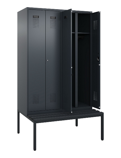 C+P Schwarz-Weiß-Spind Evolo PLUS 0490527-22 mit Bank 2 Abt.je 400mm Zylinder (HxBxT) 2120x800x815mm 9016/6019