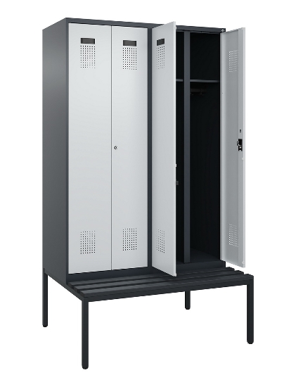 C+P Schwarz-Weiß-Spind Evolo PLUS 0490527-22 mit Bank 2 Abt.je 400mm Zylinder (HxBxT) 2120x800x815mm 9016/6019