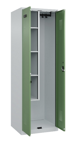 C+P Putzmittel-Spind Evolo PLUS 049110-02 mit Füßen 2 Abt.je 400mm Zylinder (HxBxT) 1950x800x500mm 7035/2004