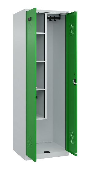 C+P Putzmittel-Spind Evolo PLUS 049110-02 mit Füßen 2 Abt.je 400mm Zylinder (HxBxT) 1950x800x500mm 7035/2004