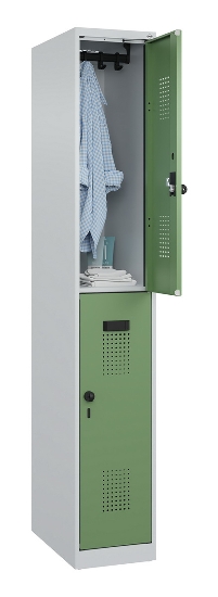 C+P Doppelstock-Spind 049300-32 Evolo PLUS bodenstehend 3 Abt.400mm je 2 Fächer Drehriegel (HxBxT)1850x1200x500mm 9016/6019