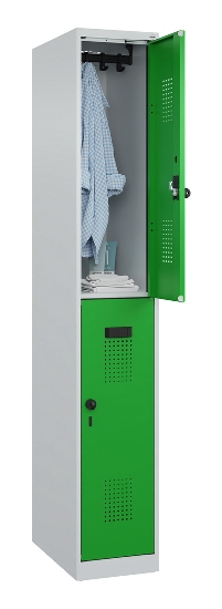 C+P Doppelstock-Spind 049300-32 Evolo PLUS bodenstehend 3 Abt.400mm je 2 Fächer Drehriegel (HxBxT)1850x1200x500mm 9016/6019