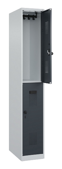 C+P Doppelstock-Spind 049300-32 Evolo PLUS bodenstehend 3 Abt.400mm je 2 Fächer Drehriegel (HxBxT)1850x1200x500mm 9016/6019