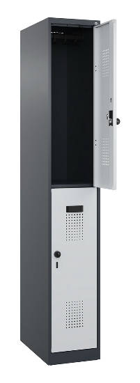 C+P Doppelstock-Spind 049300-32 Evolo PLUS bodenstehend 3 Abt.400mm je 2 Fächer Drehriegel (HxBxT)1850x1200x500mm 9016/6019