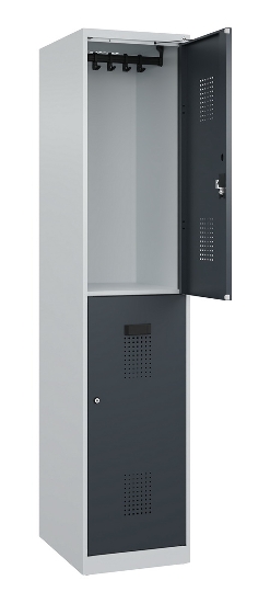 C+P Doppelstock-Spind 049300-32 Evolo PLUS bodenstehend 3 Abt.400mm je 2 Fächer Drehriegel (HxBxT)1850x1200x500mm 9016/6019