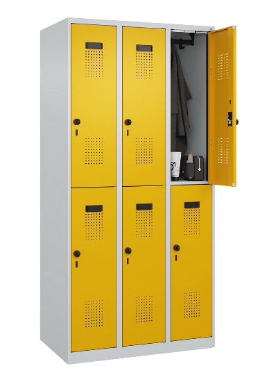 C+P Doppelstock-Spind 049300-32 Evolo PLUS bodenstehend 3 Abt.400mm je 2 Fächer Drehriegel (HxBxT)1850x1200x500mm 9016/6019