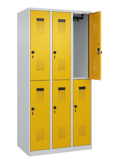 C+P Doppelstock-Spind 049300-32 Evolo PLUS bodenstehend 3 Abt.400mm je 2 Fächer Drehriegel (HxBxT)1850x1200x500mm 9016/6019