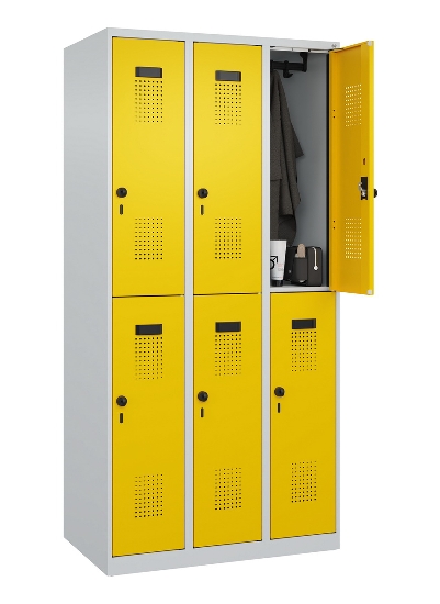 C+P Doppelstock-Spind 049300-32 Evolo PLUS bodenstehend 3 Abt.400mm je 2 Fächer Drehriegel (HxBxT)1850x1200x500mm 9016/6019