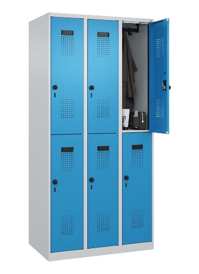 C+P Doppelstock-Spind 049300-32 Evolo PLUS bodenstehend 3 Abt.400mm je 2 Fächer Drehriegel (HxBxT)1850x1200x500mm 9016/6019