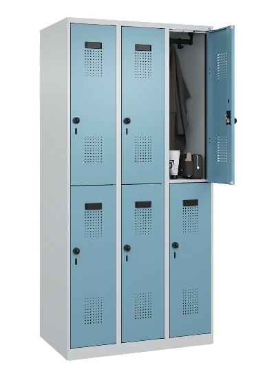 C+P Doppelstock-Spind 049300-32 Evolo PLUS bodenstehend 3 Abt.400mm je 2 Fächer Drehriegel (HxBxT)1850x1200x500mm 9016/6019