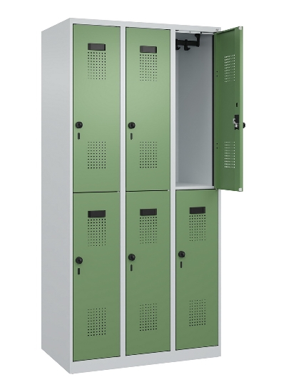 C+P Doppelstock-Spind 049300-32 Evolo PLUS bodenstehend 3 Abt.400mm je 2 Fächer Drehriegel (HxBxT)1850x1200x500mm 9016/6019