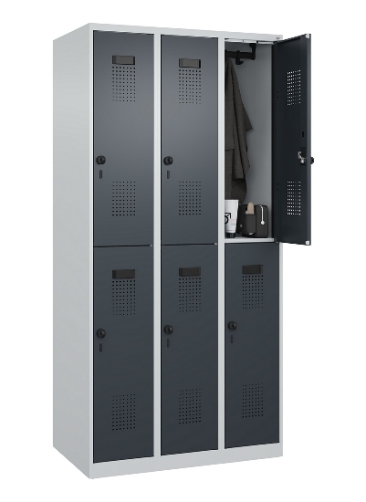 C+P Doppelstock-Spind 049300-32 Evolo PLUS bodenstehend 3 Abt.400mm je 2 Fächer Drehriegel (HxBxT)1850x1200x500mm 9016/6019
