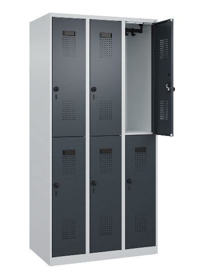 C+P Doppelstock-Spind 049300-32 Evolo PLUS bodenstehend 3 Abt.400mm je 2 Fächer Drehriegel (HxBxT)1850x1200x500mm 9016/6019