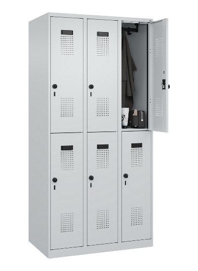 C+P Doppelstock-Spind 049300-32 Evolo PLUS bodenstehend 3 Abt.400mm je 2 Fächer Drehriegel (HxBxT)1850x1200x500mm 9016/6019
