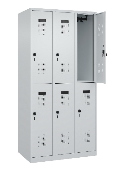 C+P Doppelstock-Spind 049300-32 Evolo PLUS bodenstehend 3 Abt.400mm je 2 Fächer Drehriegel (HxBxT)1850x1200x500mm 9016/6019