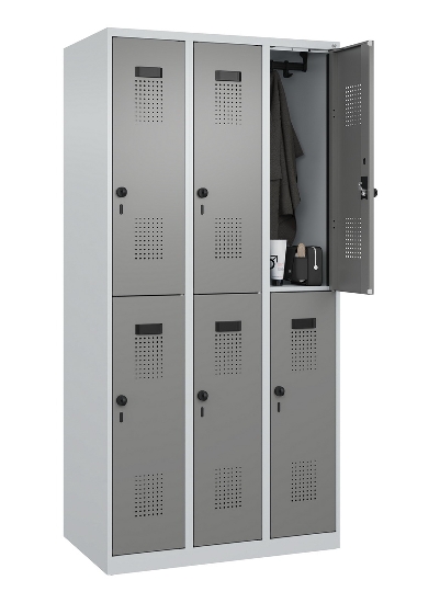 C+P Doppelstock-Spind 049300-32 Evolo PLUS bodenstehend 3 Abt.400mm je 2 Fächer Drehriegel (HxBxT)1850x1200x500mm 9016/6019