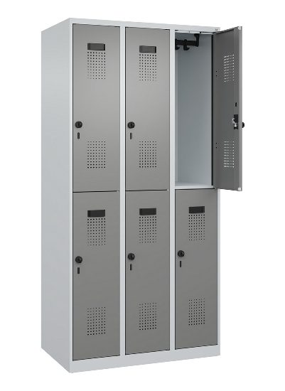 C+P Doppelstock-Spind 049300-32 Evolo PLUS bodenstehend 3 Abt.400mm je 2 Fächer Drehriegel (HxBxT)1850x1200x500mm 9016/6019