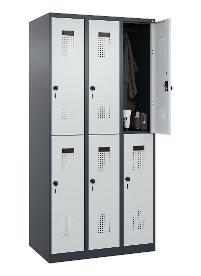C+P Doppelstock-Spind 049300-32 Evolo PLUS bodenstehend 3 Abt.400mm je 2 Fächer Drehriegel (HxBxT)1850x1200x500mm 9016/6019