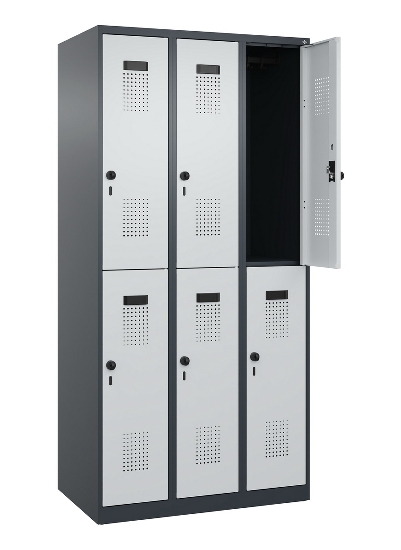 C+P Doppelstock-Spind 049300-32 Evolo PLUS bodenstehend 3 Abt.400mm je 2 Fächer Drehriegel (HxBxT)1850x1200x500mm 9016/6019