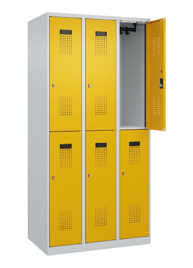 C+P Doppelstock-Spind 049300-32 Evolo PLUS bodenstehend 3 Abt.400mm je 2 Fächer Drehriegel (HxBxT)1850x1200x500mm 9016/6019
