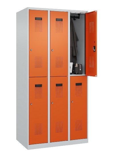 C+P Doppelstock-Spind 049300-32 Evolo PLUS bodenstehend 3 Abt.400mm je 2 Fächer Drehriegel (HxBxT)1850x1200x500mm 9016/6019