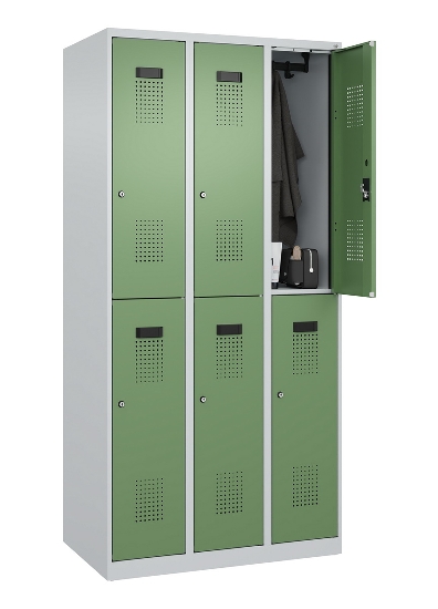 C+P Doppelstock-Spind 049300-32 Evolo PLUS bodenstehend 3 Abt.400mm je 2 Fächer Drehriegel (HxBxT)1850x1200x500mm 9016/6019