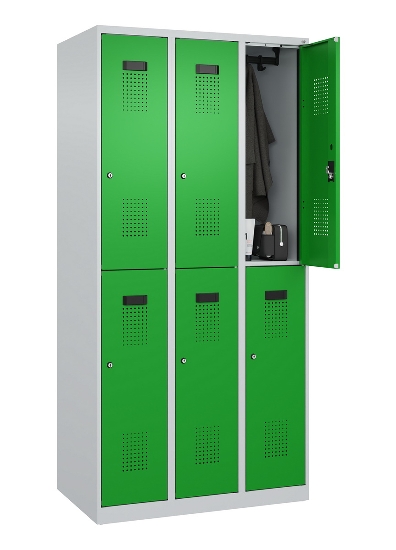 C+P Doppelstock-Spind 049300-32 Evolo PLUS bodenstehend 3 Abt.400mm je 2 Fächer Drehriegel (HxBxT)1850x1200x500mm 9016/6019