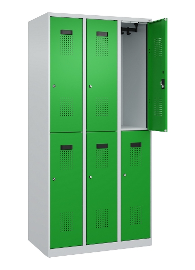 C+P Doppelstock-Spind 049300-32 Evolo PLUS bodenstehend 3 Abt.400mm je 2 Fächer Drehriegel (HxBxT)1850x1200x500mm 9016/6019