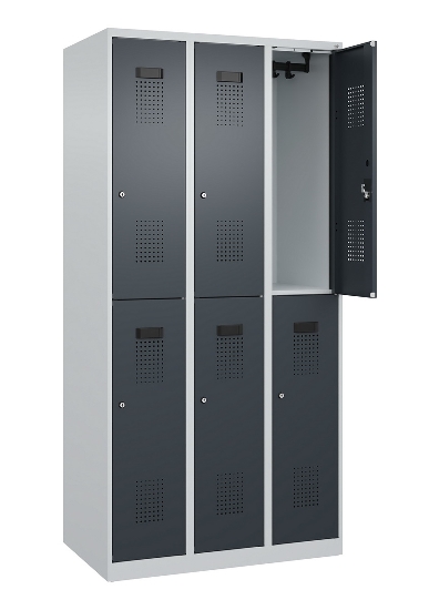 C+P Doppelstock-Spind 049300-32 Evolo PLUS bodenstehend 3 Abt.400mm je 2 Fächer Drehriegel (HxBxT)1850x1200x500mm 9016/6019