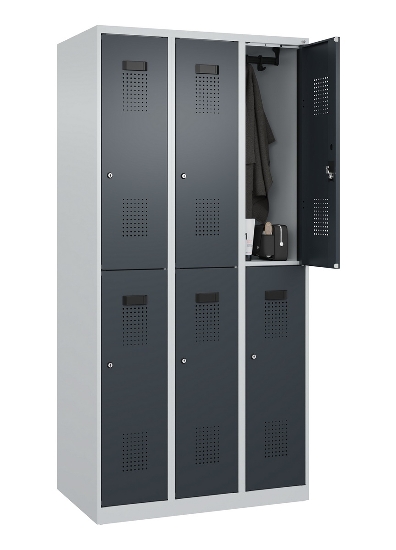C+P Doppelstock-Spind 049300-32 Evolo PLUS bodenstehend 3 Abt.400mm je 2 Fächer Drehriegel (HxBxT)1850x1200x500mm 9016/6019