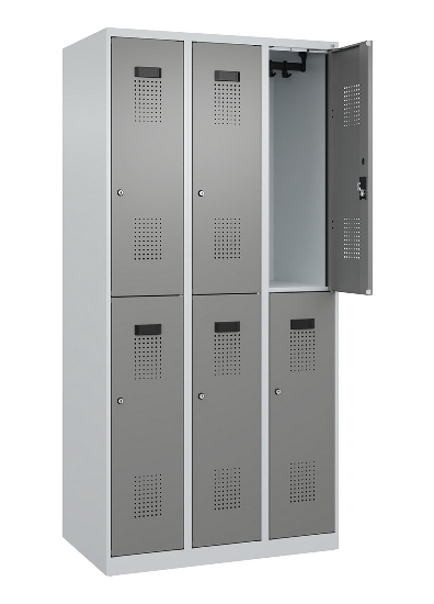 C+P Doppelstock-Spind 049300-32 Evolo PLUS bodenstehend 3 Abt.400mm je 2 Fächer Drehriegel (HxBxT)1850x1200x500mm 9016/6019