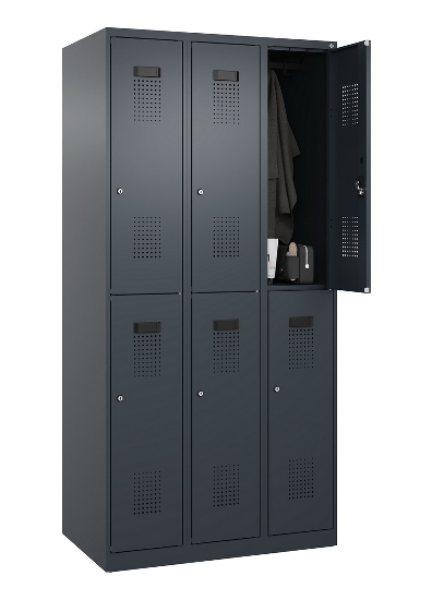 C+P Doppelstock-Spind 049300-32 Evolo PLUS bodenstehend 3 Abt.400mm je 2 Fächer Drehriegel (HxBxT)1850x1200x500mm 9016/6019