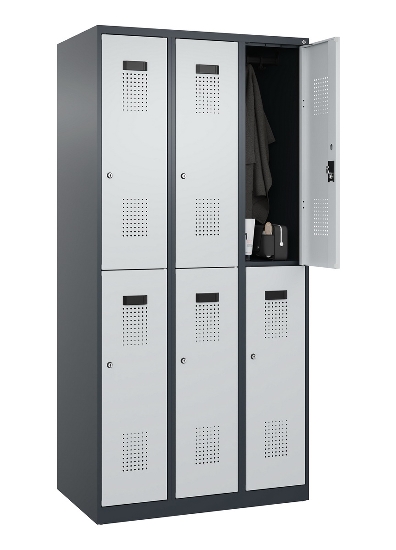 C+P Doppelstock-Spind 049300-32 Evolo PLUS bodenstehend 3 Abt.400mm je 2 Fächer Drehriegel (HxBxT)1850x1200x500mm 9016/6019