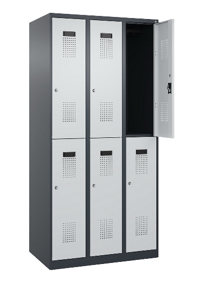 C+P Doppelstock-Spind 049300-32 Evolo PLUS bodenstehend 3 Abt.400mm je 2 Fächer Drehriegel (HxBxT)1850x1200x500mm 9016/6019