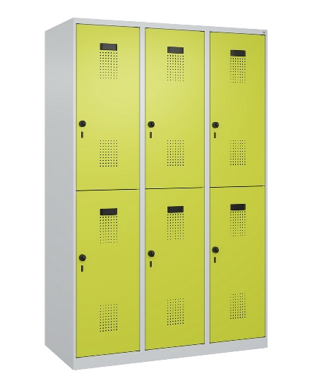C+P Doppelstock-Spind 049300-32 Evolo PLUS bodenstehend 3 Abt.400mm je 2 Fächer Drehriegel (HxBxT)1850x1200x500mm 9016/6019