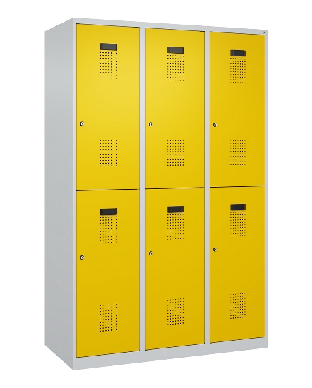 C+P Doppelstock-Spind 049300-32 Evolo PLUS bodenstehend 3 Abt.400mm je 2 Fächer Drehriegel (HxBxT)1850x1200x500mm 9016/6019