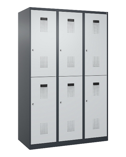 C+P Doppelstock-Spind 049300-32 Evolo PLUS bodenstehend 3 Abt.400mm je 2 Fächer Drehriegel (HxBxT)1850x1200x500mm 9016/6019