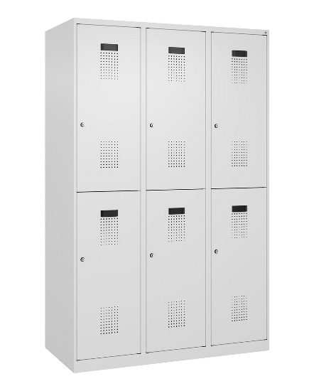 C+P Doppelstock-Spind 049300-32 Evolo PLUS bodenstehend 3 Abt.400mm je 2 Fächer Drehriegel (HxBxT)1850x1200x500mm 9016/6019