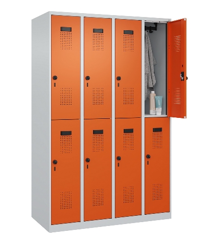 C+P Doppelstock-Spind 049300-32 Evolo PLUS bodenstehend 3 Abt.400mm je 2 Fächer Drehriegel (HxBxT)1850x1200x500mm 9016/6019