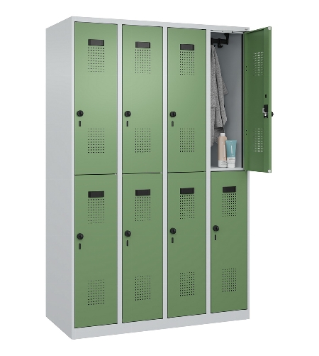 C+P Doppelstock-Spind 049300-32 Evolo PLUS bodenstehend 3 Abt.400mm je 2 Fächer Drehriegel (HxBxT)1850x1200x500mm 9016/6019
