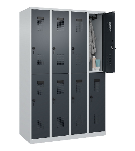 C+P Doppelstock-Spind 049300-32 Evolo PLUS bodenstehend 3 Abt.400mm je 2 Fächer Drehriegel (HxBxT)1850x1200x500mm 9016/6019