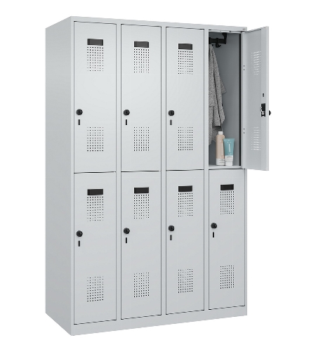 C+P Doppelstock-Spind 049300-32 Evolo PLUS bodenstehend 3 Abt.400mm je 2 Fächer Drehriegel (HxBxT)1850x1200x500mm 9016/6019