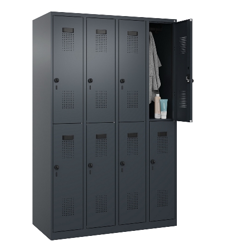 C+P Doppelstock-Spind 049300-32 Evolo PLUS bodenstehend 3 Abt.400mm je 2 Fächer Drehriegel (HxBxT)1850x1200x500mm 9016/6019