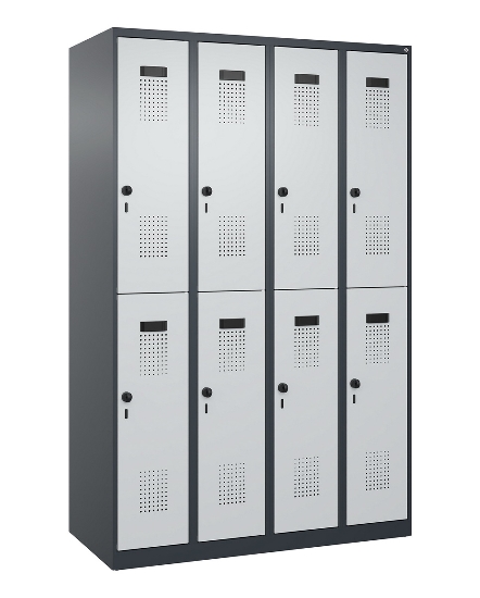 C+P Doppelstock-Spind 049300-32 Evolo PLUS bodenstehend 3 Abt.400mm je 2 Fächer Drehriegel (HxBxT)1850x1200x500mm 9016/6019