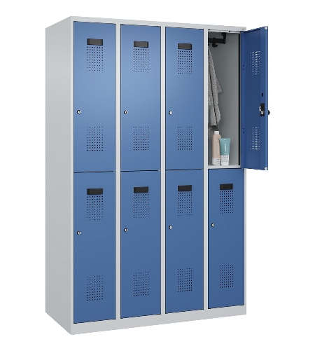 C+P Doppelstock-Spind 049300-32 Evolo PLUS bodenstehend 3 Abt.400mm je 2 Fächer Drehriegel (HxBxT)1850x1200x500mm 9016/6019