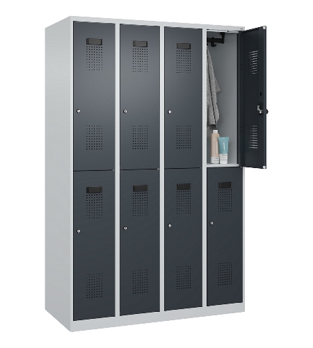 C+P Doppelstock-Spind 049300-32 Evolo PLUS bodenstehend 3 Abt.400mm je 2 Fächer Drehriegel (HxBxT)1850x1200x500mm 9016/6019