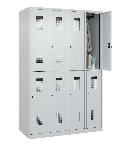 C+P Doppelstock-Spind 049300-32 Evolo PLUS bodenstehend 3 Abt.400mm je 2 Fächer Drehriegel (HxBxT)1850x1200x500mm 9016/6019