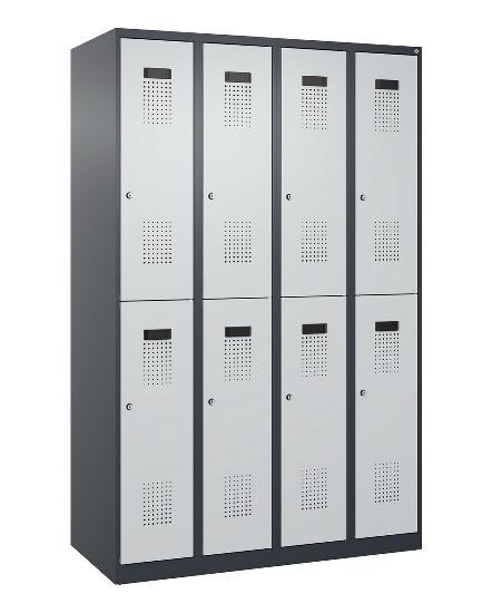 C+P Doppelstock-Spind 049300-32 Evolo PLUS bodenstehend 3 Abt.400mm je 2 Fächer Drehriegel (HxBxT)1850x1200x500mm 9016/6019